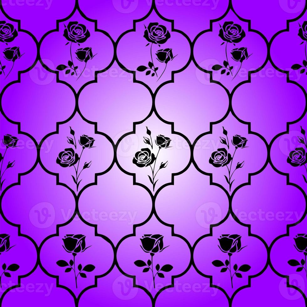 bushy black geometric pattern with floral elements on purple background, tile, symmetrical repeat pattern, texture, design photo