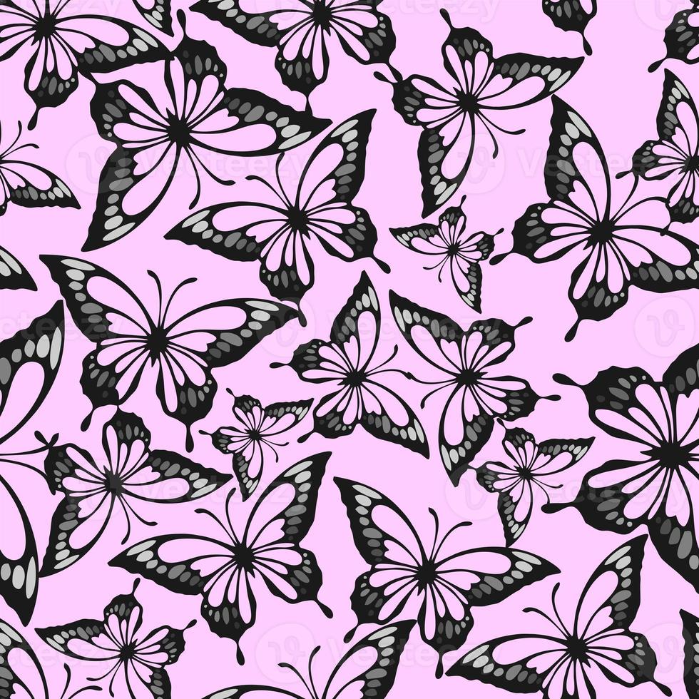 seamless repeating pattern of black and gray butterflies on a pink background, texture, design photo