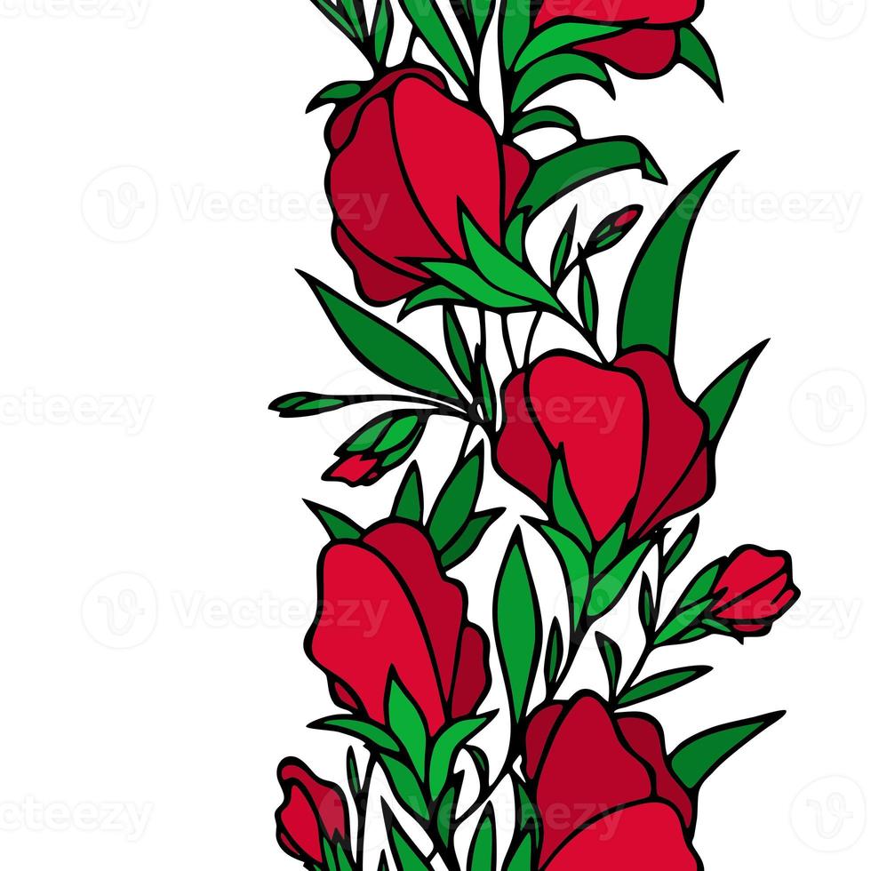 floral seamless border, red flowers repeating border on white background with black outline, textile, design, art, graphic photo