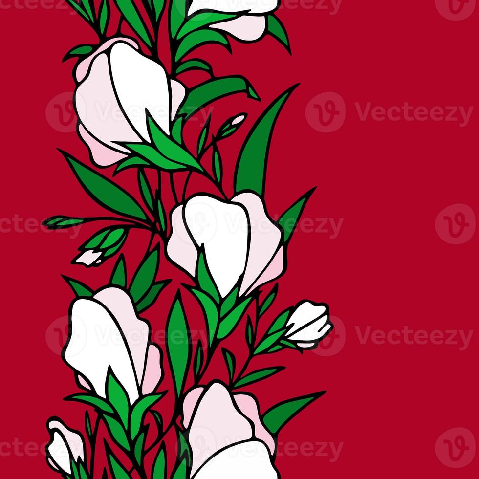 floral seamless border, repeating border of white flowers on a red background with a black outline, textile, design, art, graphic photo