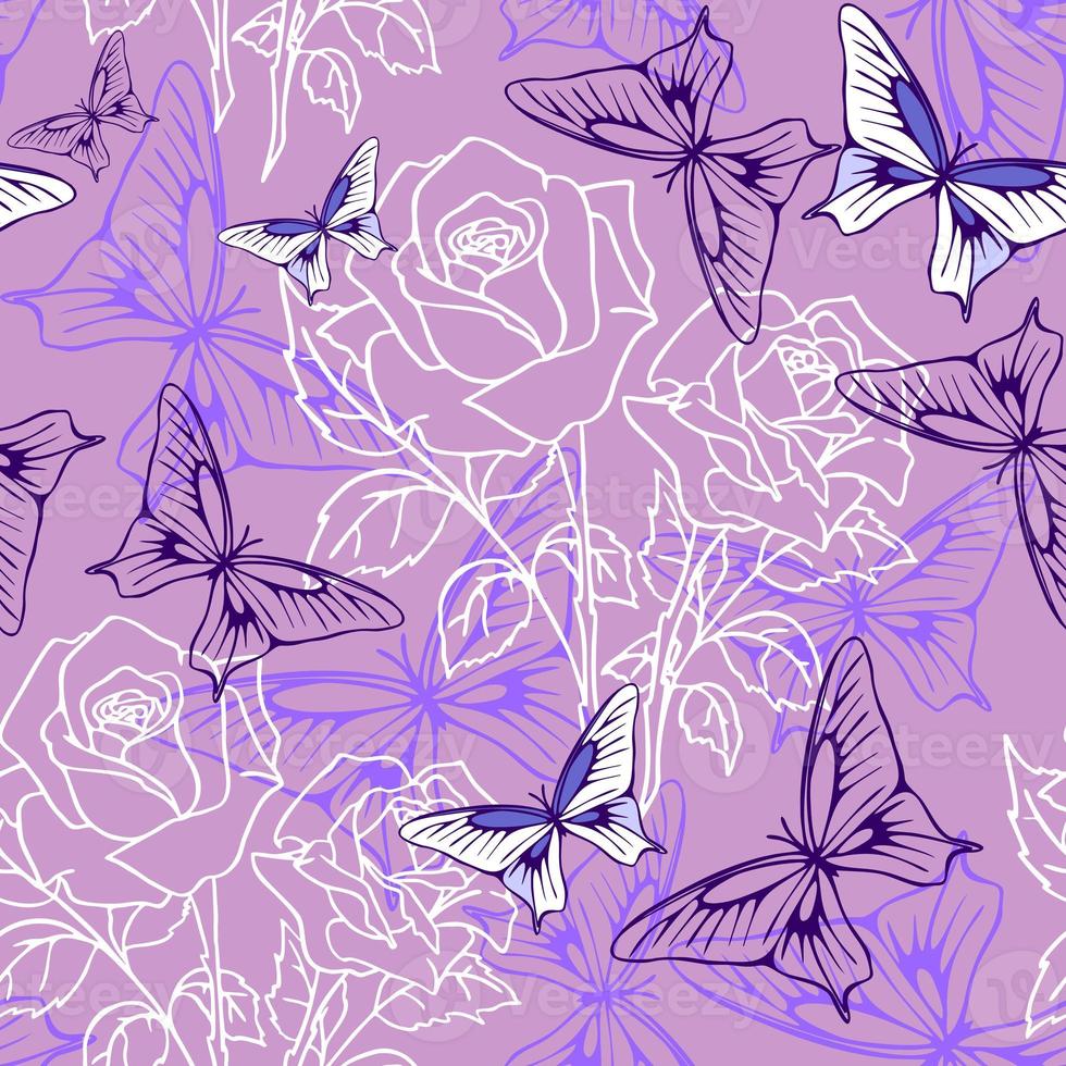 seamless pattern of white graphic roses and purple butterflies on purple background, texter, design photo
