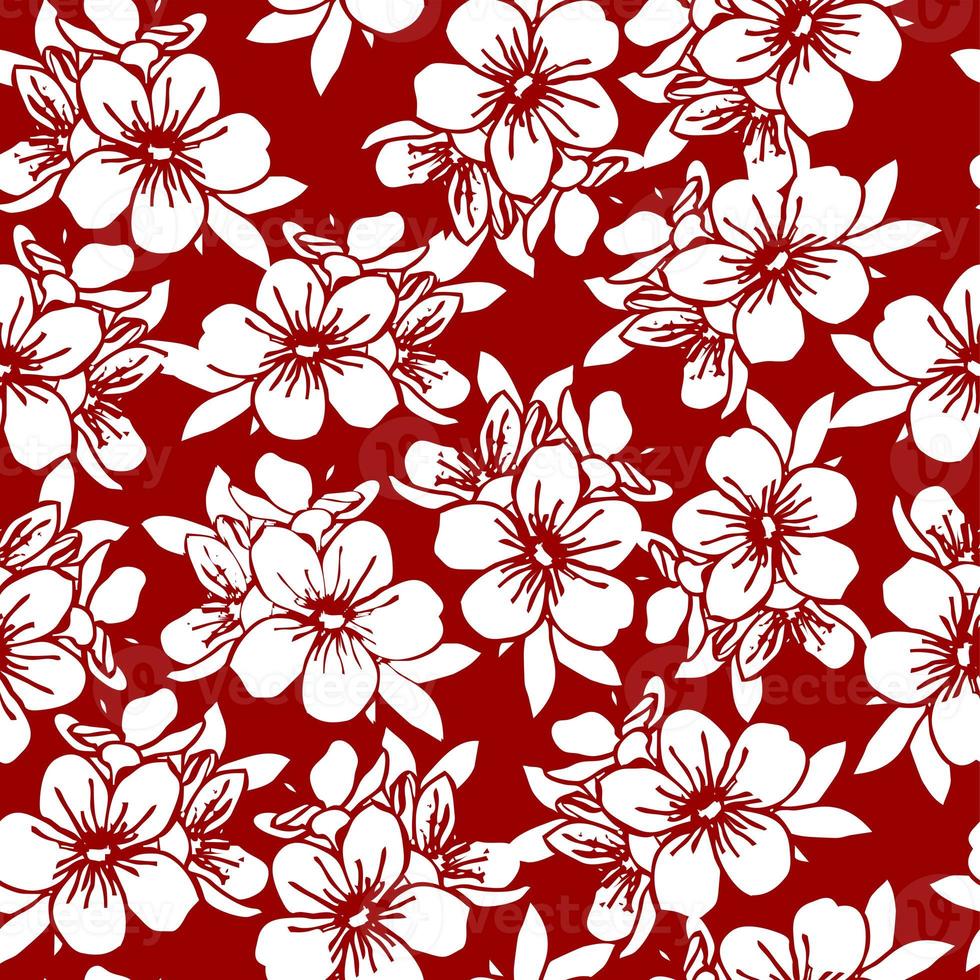 seamless floral pattern of white flowers on a dark red background, texture, repeat pattern, design photo