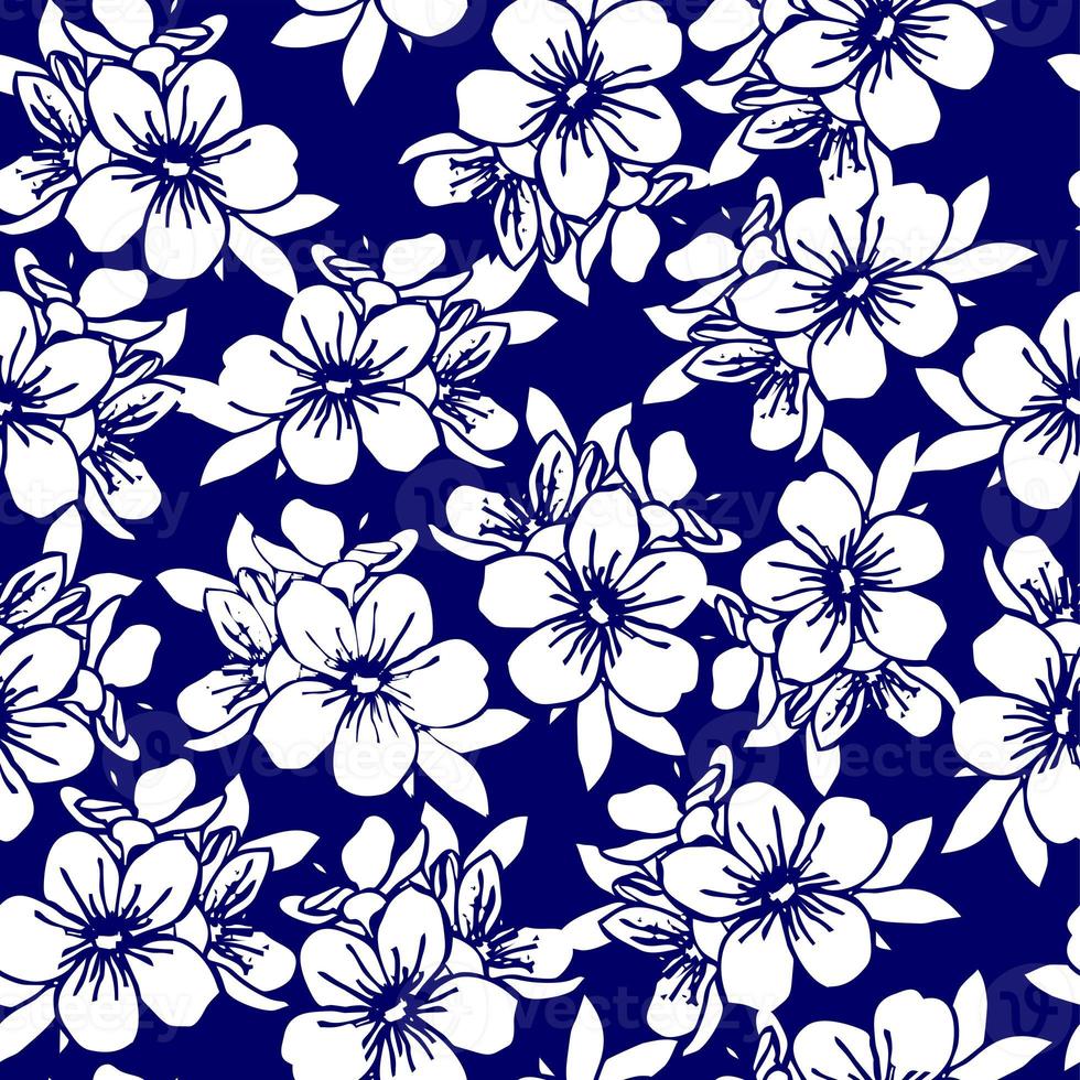 seamless floral pattern of white flowers on a dark blue background, texture, repeat pattern, design photo
