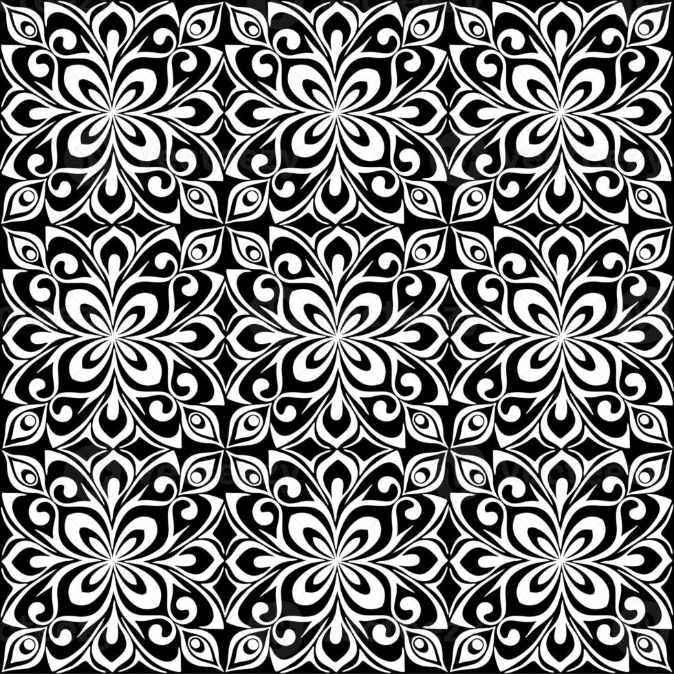 seamless graphic pattern, floral white ornament tile on black background, texture, design photo