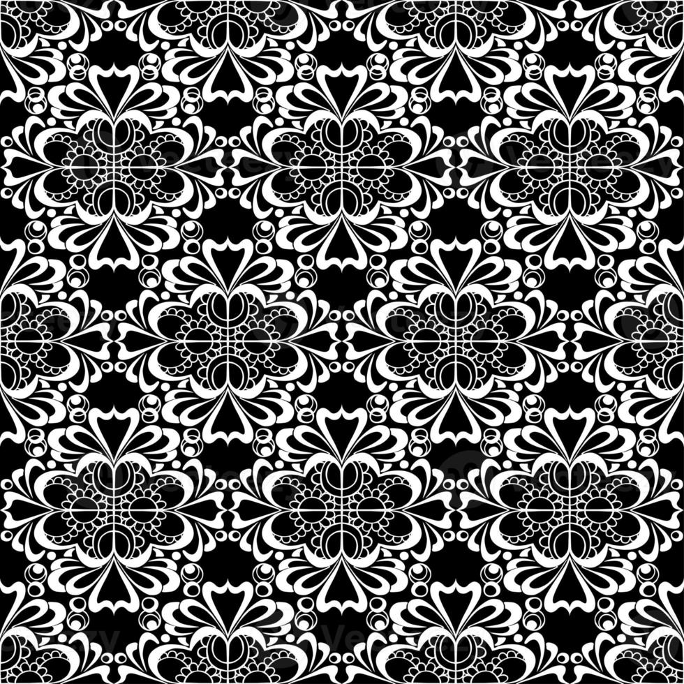 seamless graphic pattern, floral white ornament tile on black background, texture, design photo