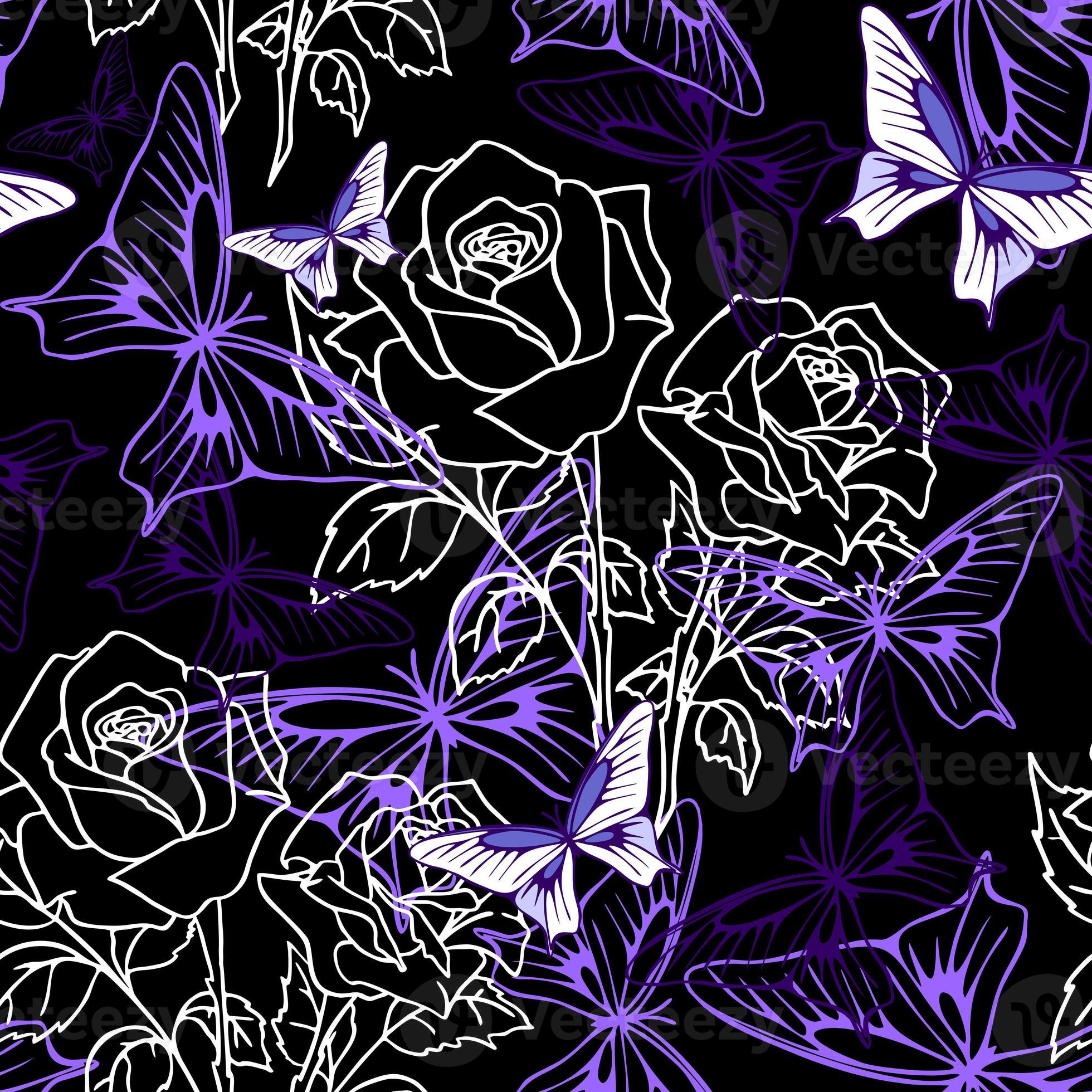 Seamless pattern of white graphic roses and purple butterflies on a