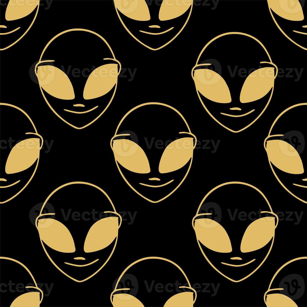 seamless symmetrical pattern with a close-up of a golden humanoid face on a black background, texture, design photo