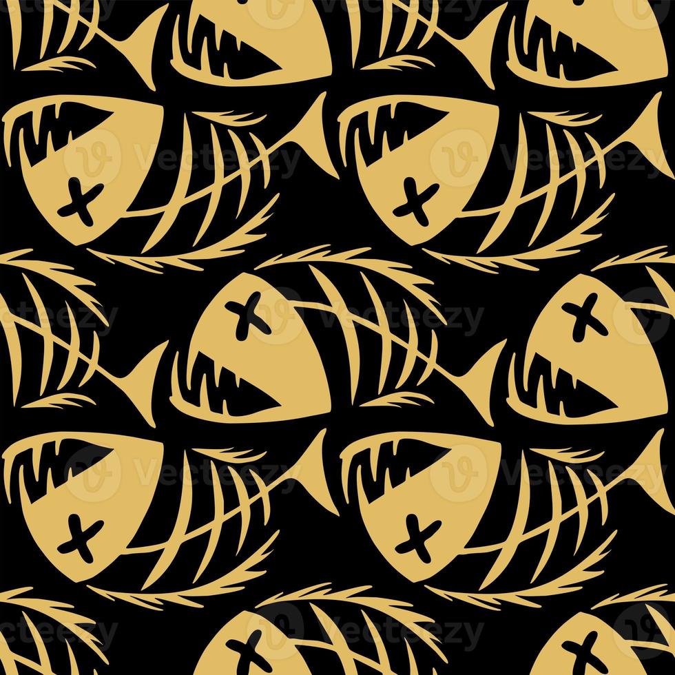 bright seamless pattern of golden graphic fish skeletons on a black background, texture, design photo