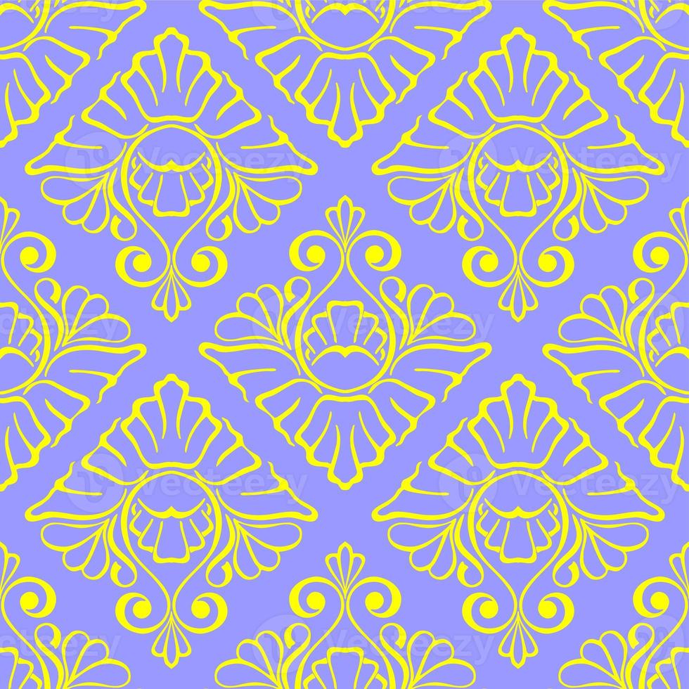 seamless graphic pattern, floral yellow ornament tile on blue background, texture, design photo
