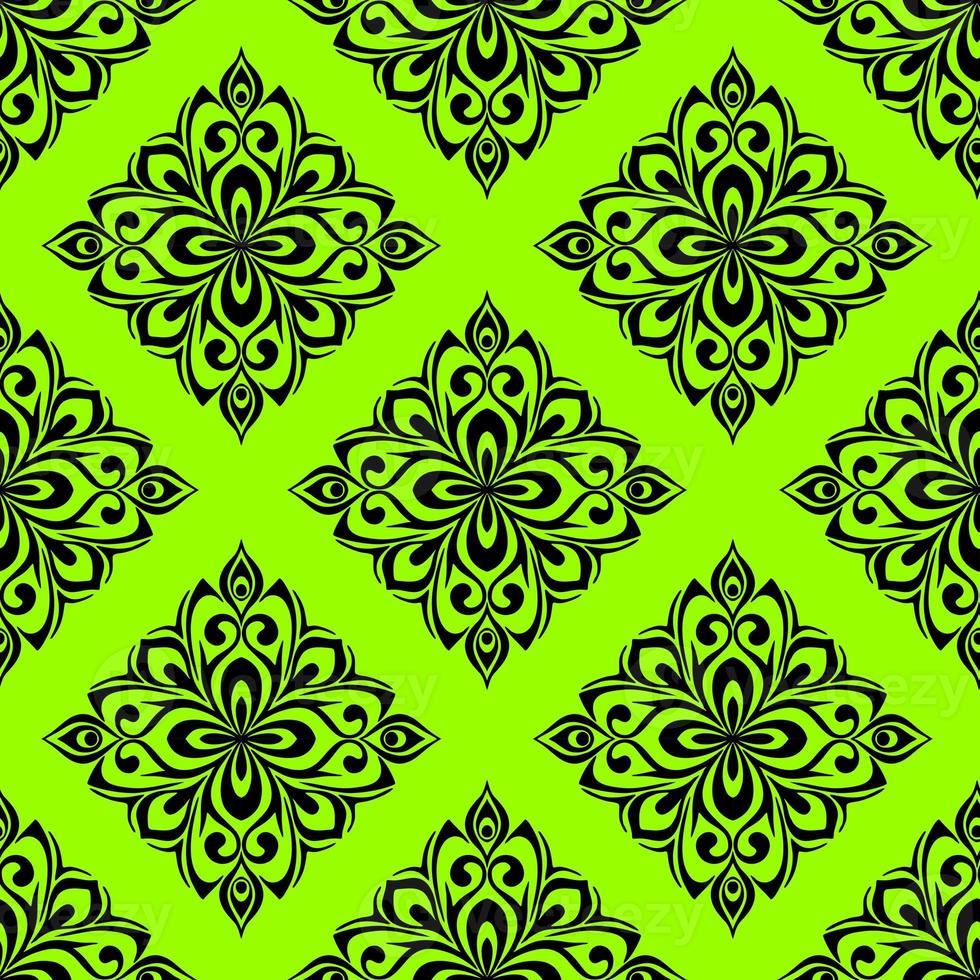patrón gráfico impecable, azulejo de adorno floral negro sobre fondo verde, textura, diseño foto