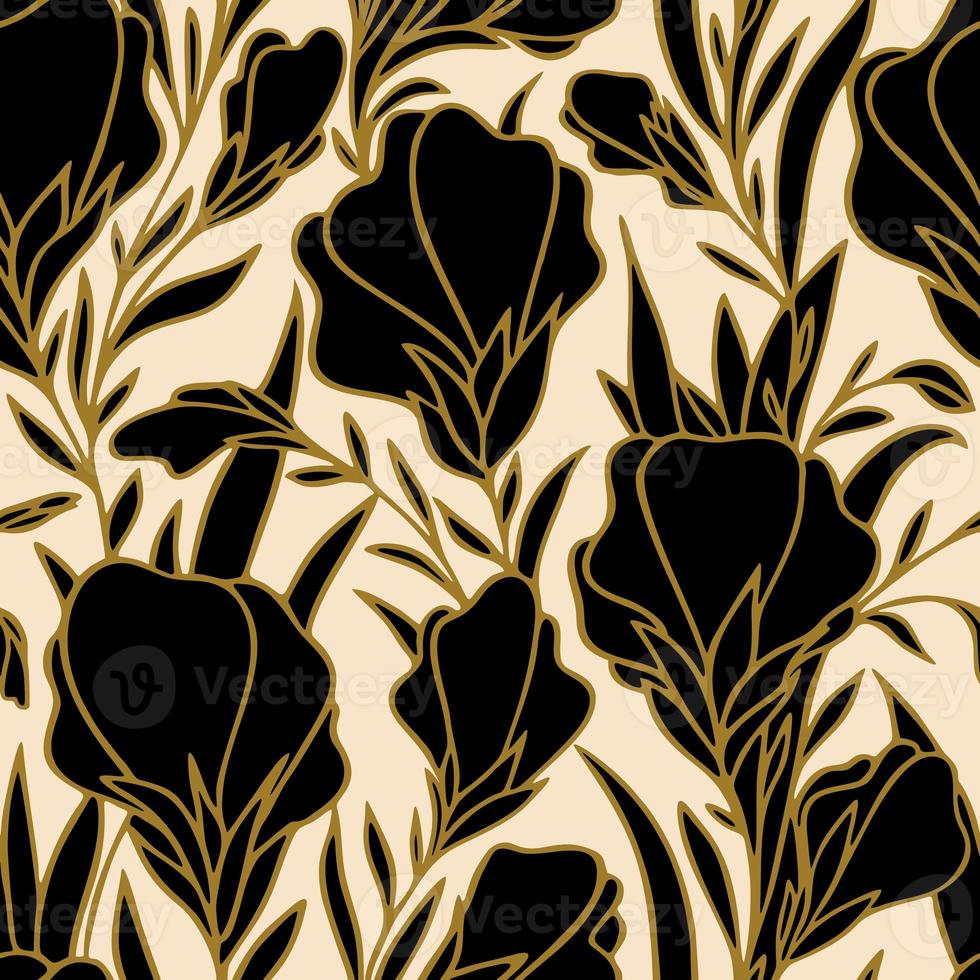 seamless pattern of large black flower buds with a golden outline on a beige background, bright floral texture, design photo