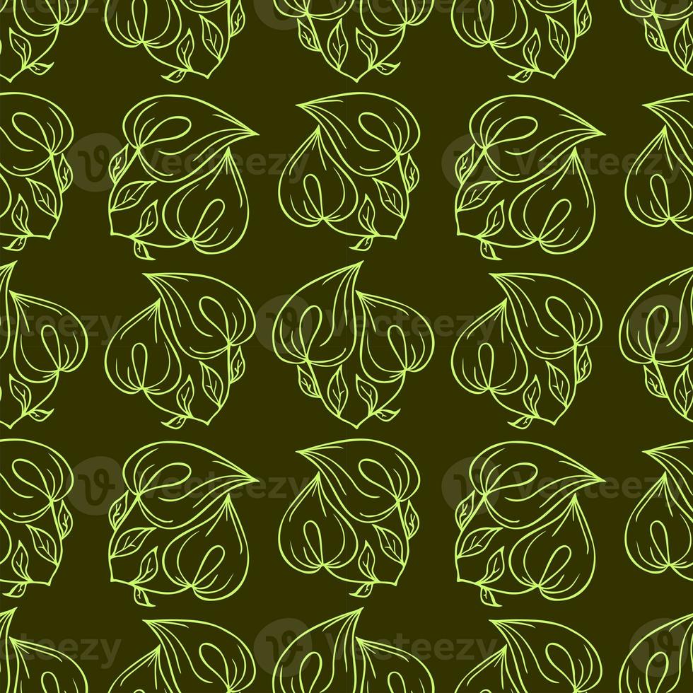 seamless contour pattern of large green graphic flowers on an olive background, texture, design photo