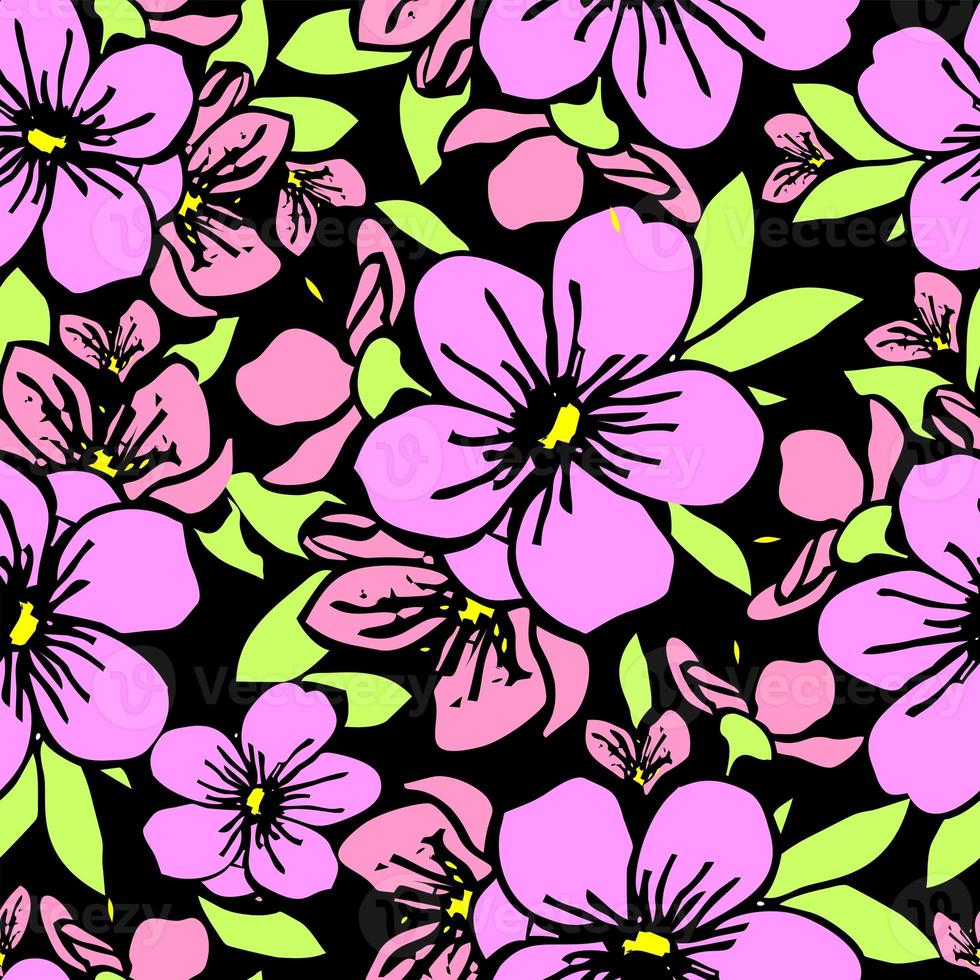 symmetrical seamless pattern of pink flowers on a black background, texture, design photo