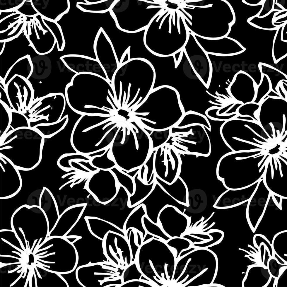 seamless contour pattern of large white graphic flowers on a black background, texture, design photo