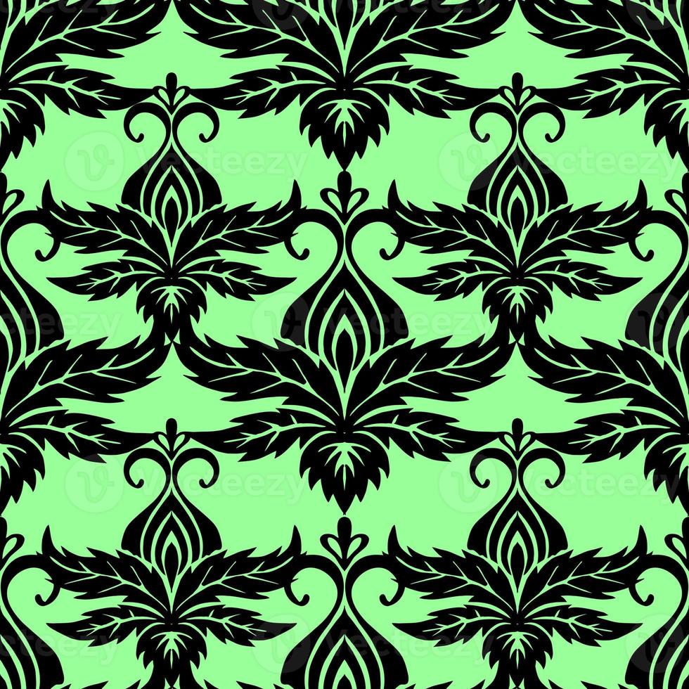 symmetrical seamless ornament tile of black graphic abstract elements on a green background, texture, design photo