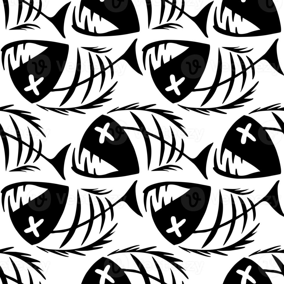 bright seamless pattern of black graphic fish skeletons on a white background, texture, design photo
