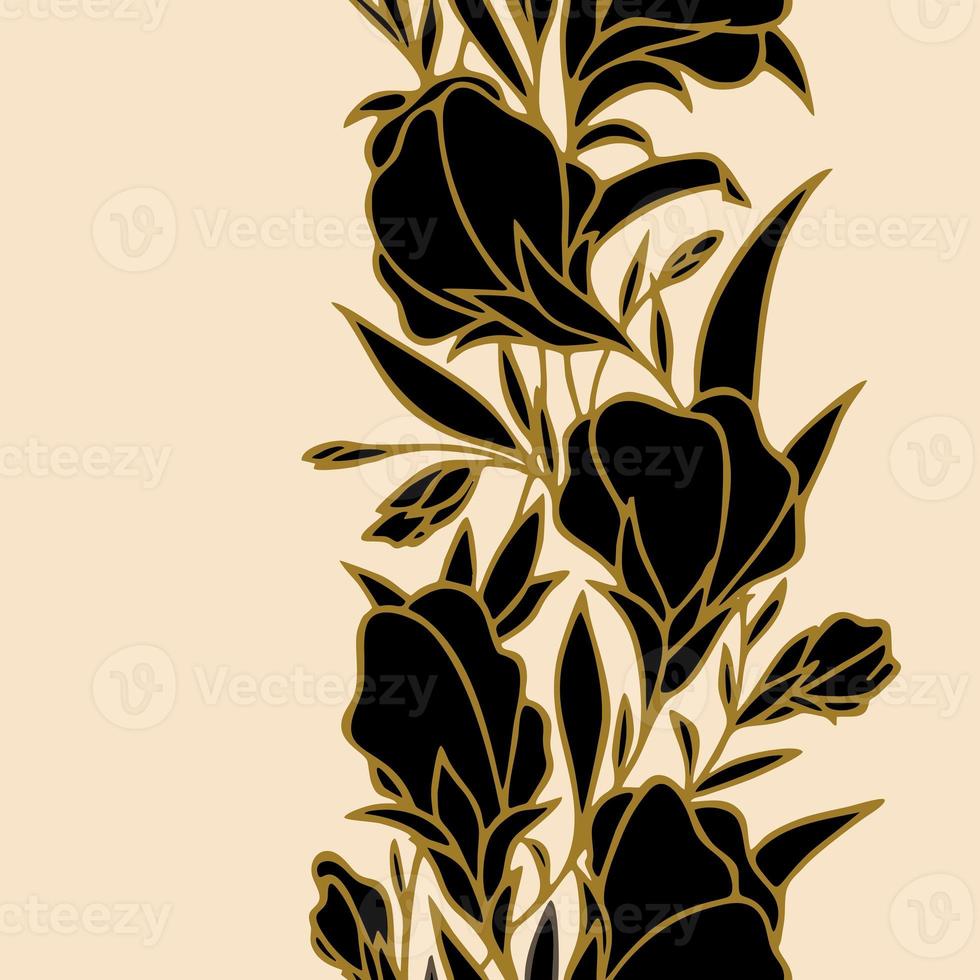 floral seamless border, black flowers, repeating borders on a beige background with a gold outline, textile, design, art, graphic photo