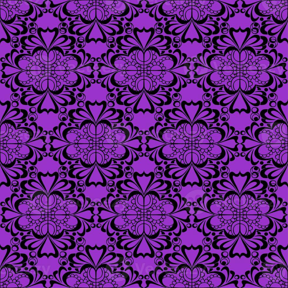patrón gráfico impecable, azulejo de adorno floral negro sobre fondo púrpura, textura, diseño foto