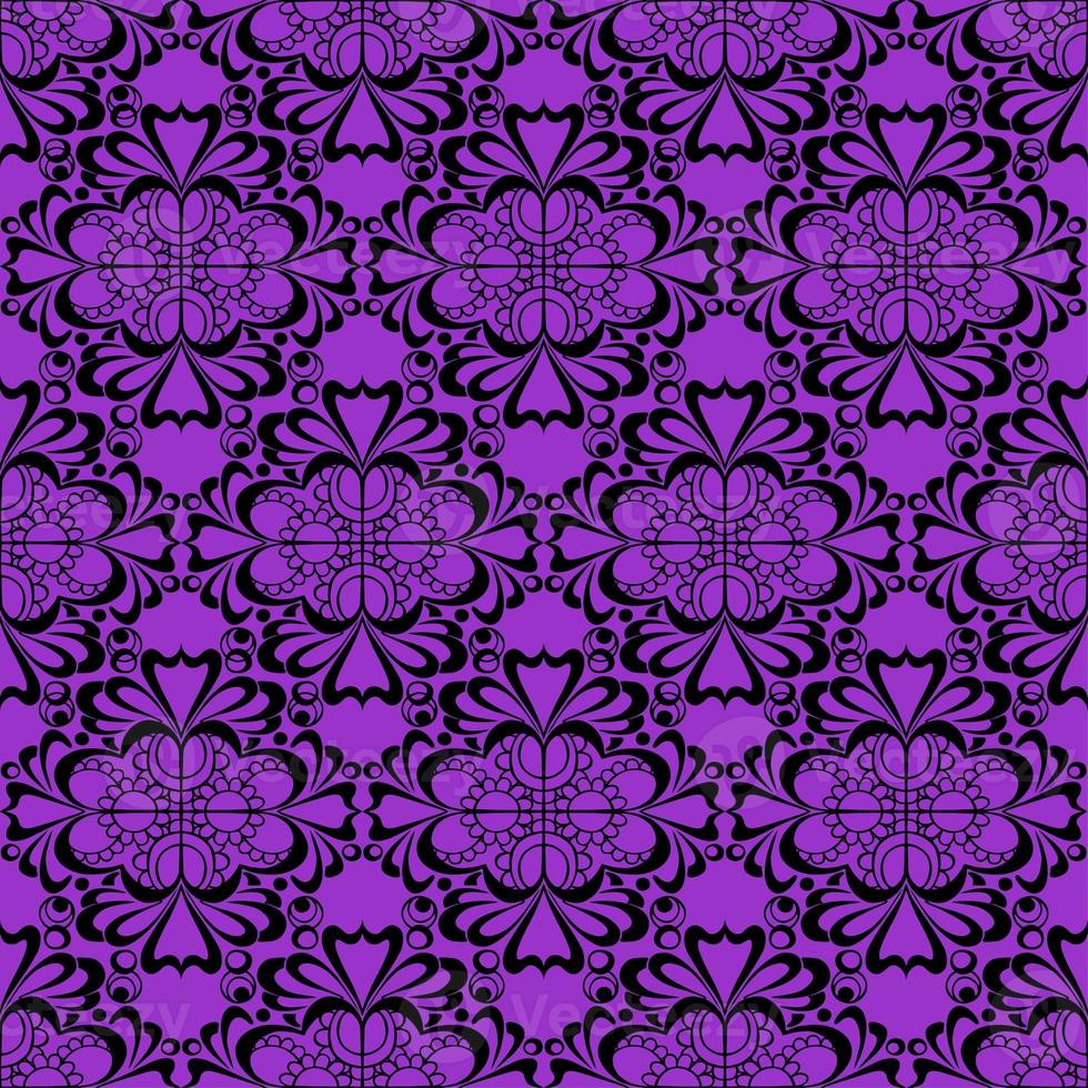 seamless graphic pattern, floral black ornament tile on purple background, texture, design photo