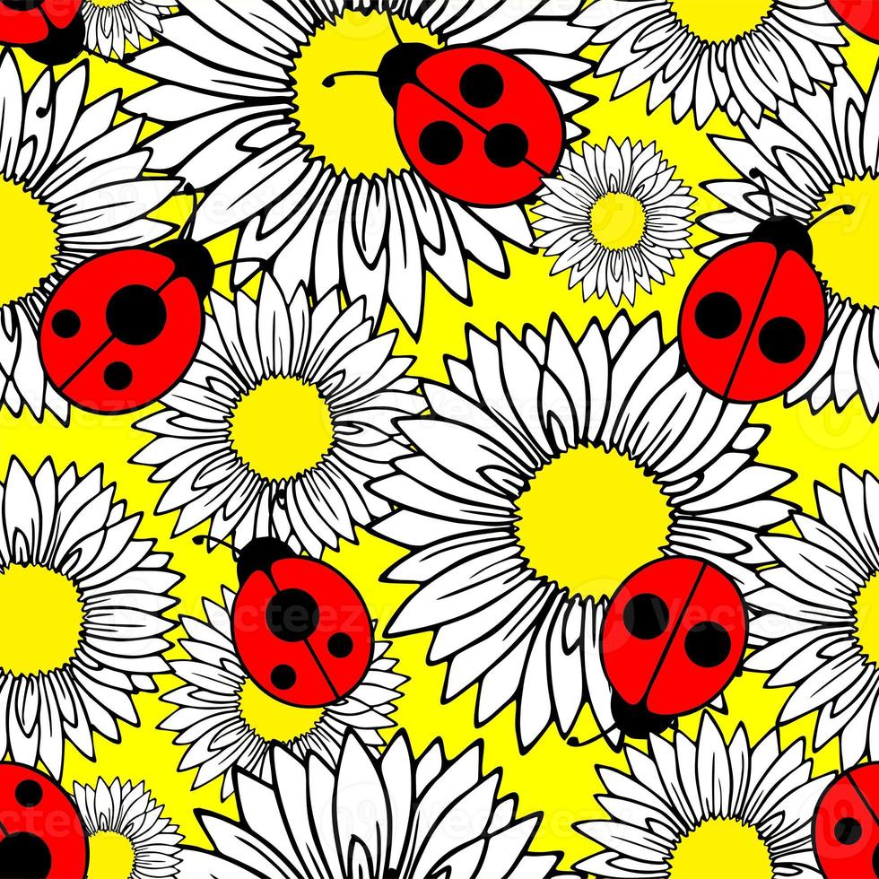 seamless pattern of graphic flowers of daisies and ladybugs on a yellow background, text, design photo