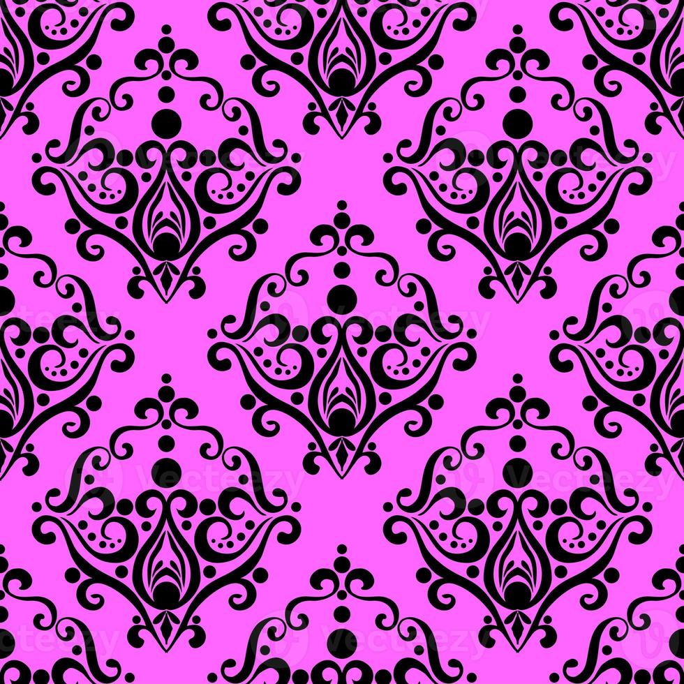 symmetrical seamless ornament tile of black graphic abstract elements on purple background, texture, design photo