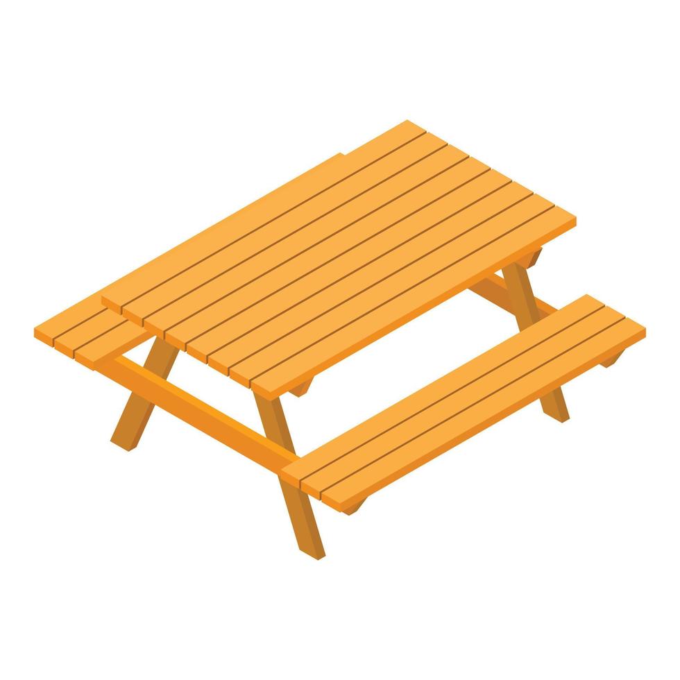 Outdoor furniture icon isometric vector. New wooden table and two