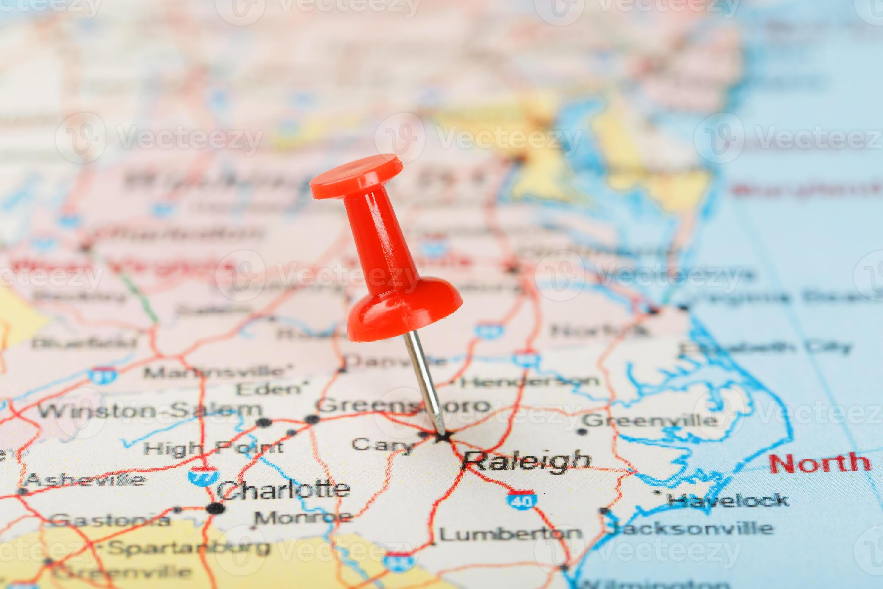 Red clerical needle on a map of - Red Clerical Needle On A Map Of Usa South North Carolina And The Capital Raleigh Close Up Map Of South North Carolina With Red Tack United States Map Pin Photo 