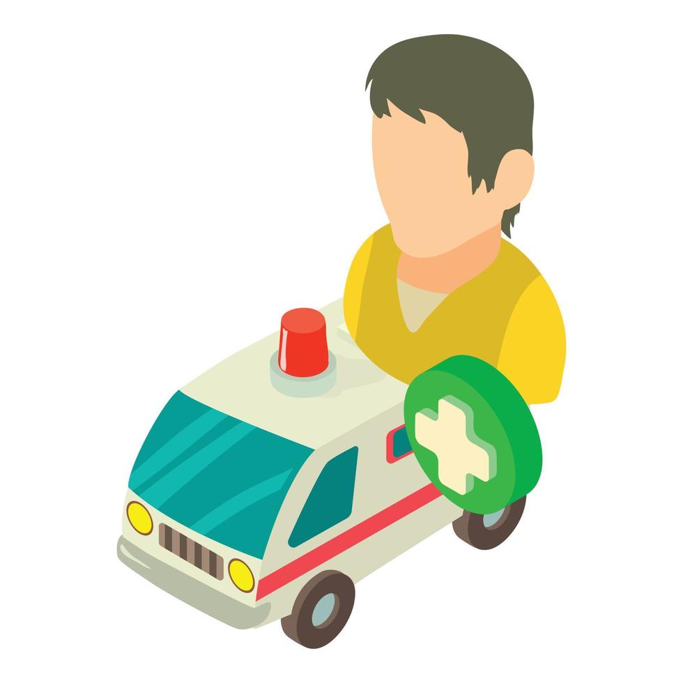 Ambulance icon isometric vector. Man health care worker near ambulance car icon vector