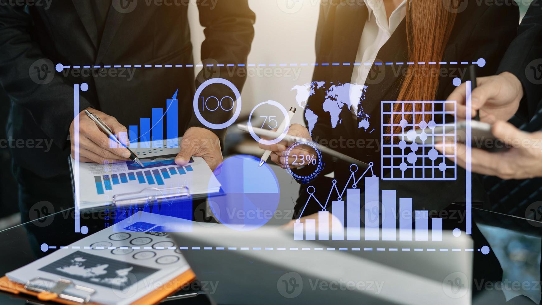 Businessman hand Project manager working and update tasks and Gantt chart scheduling virtual diagram.with smart phone, tablet and laptop photo