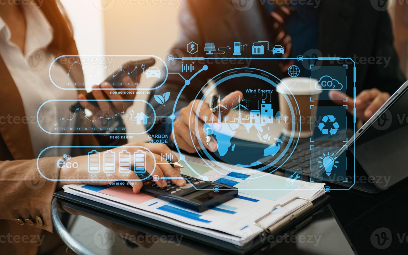 Business team working virtual modern smartphone to reduce CO2 emissions carbon footprint climate change to limit global warming.Sustainable development and green business concept. photo