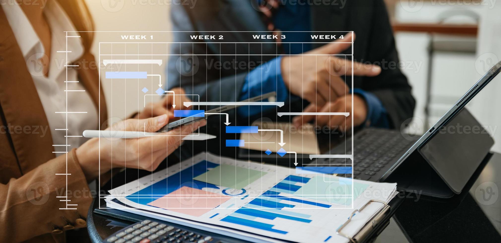 Project manager working and update tasks with milestones progress planning and Gantt chart scheduling diagram.business tram working photo