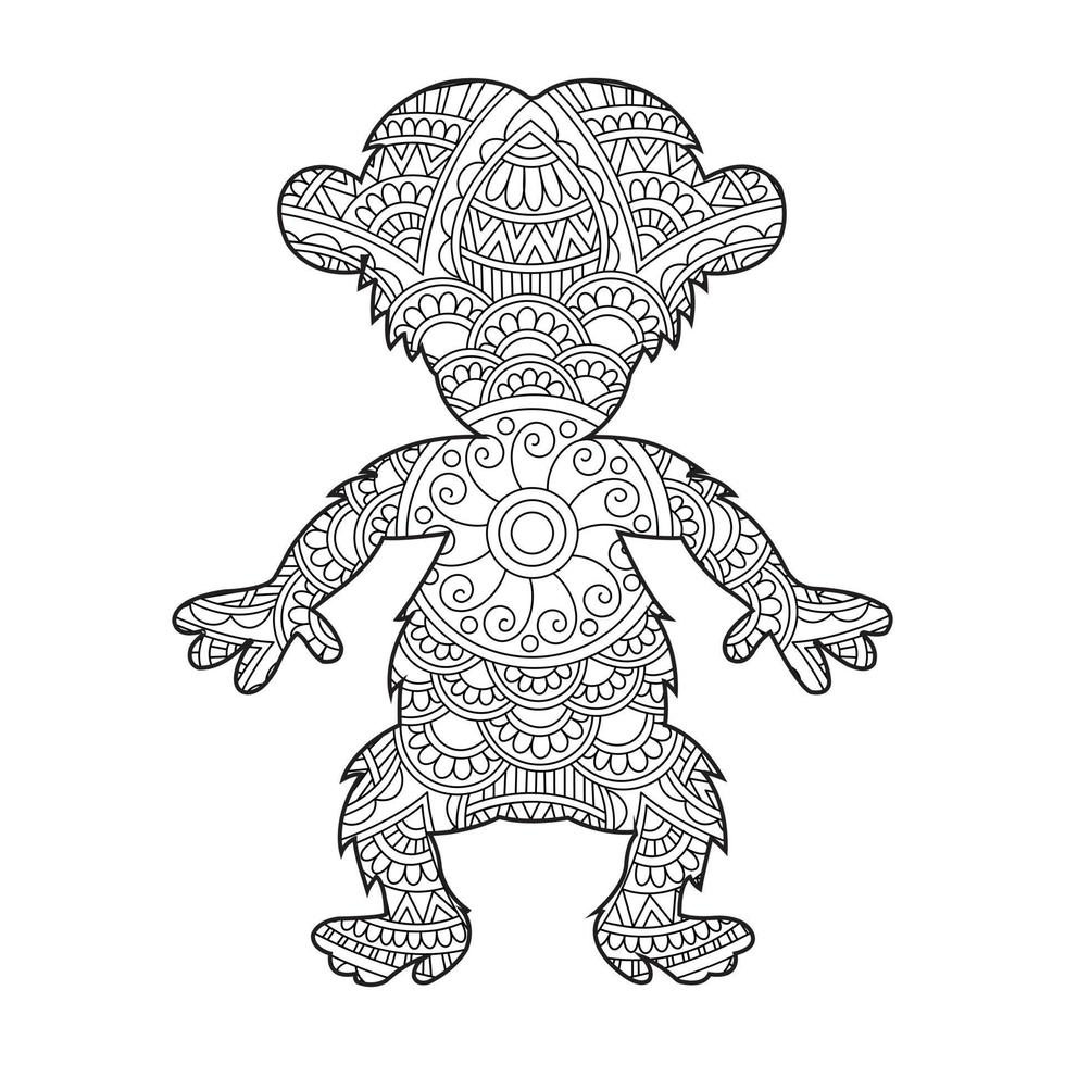 Monkey Mandala Coloring Page for Adults Floral Animal Coloring Book Isolated on White Background Antistress Coloring Page Vector Illustration