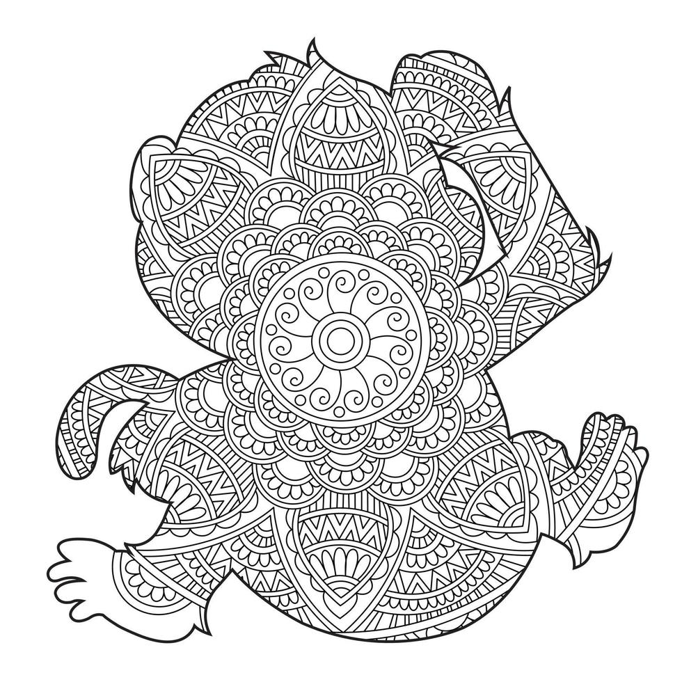 Monkey Mandala Coloring Page for Adults Floral Animal Coloring Book Isolated on White Background Antistress Coloring Page Vector Illustration