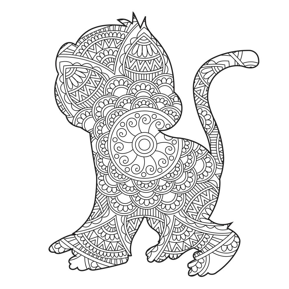 Monkey Mandala Coloring Page for Adults Floral Animal Coloring Book Isolated on White Background Antistress Coloring Page Vector Illustration