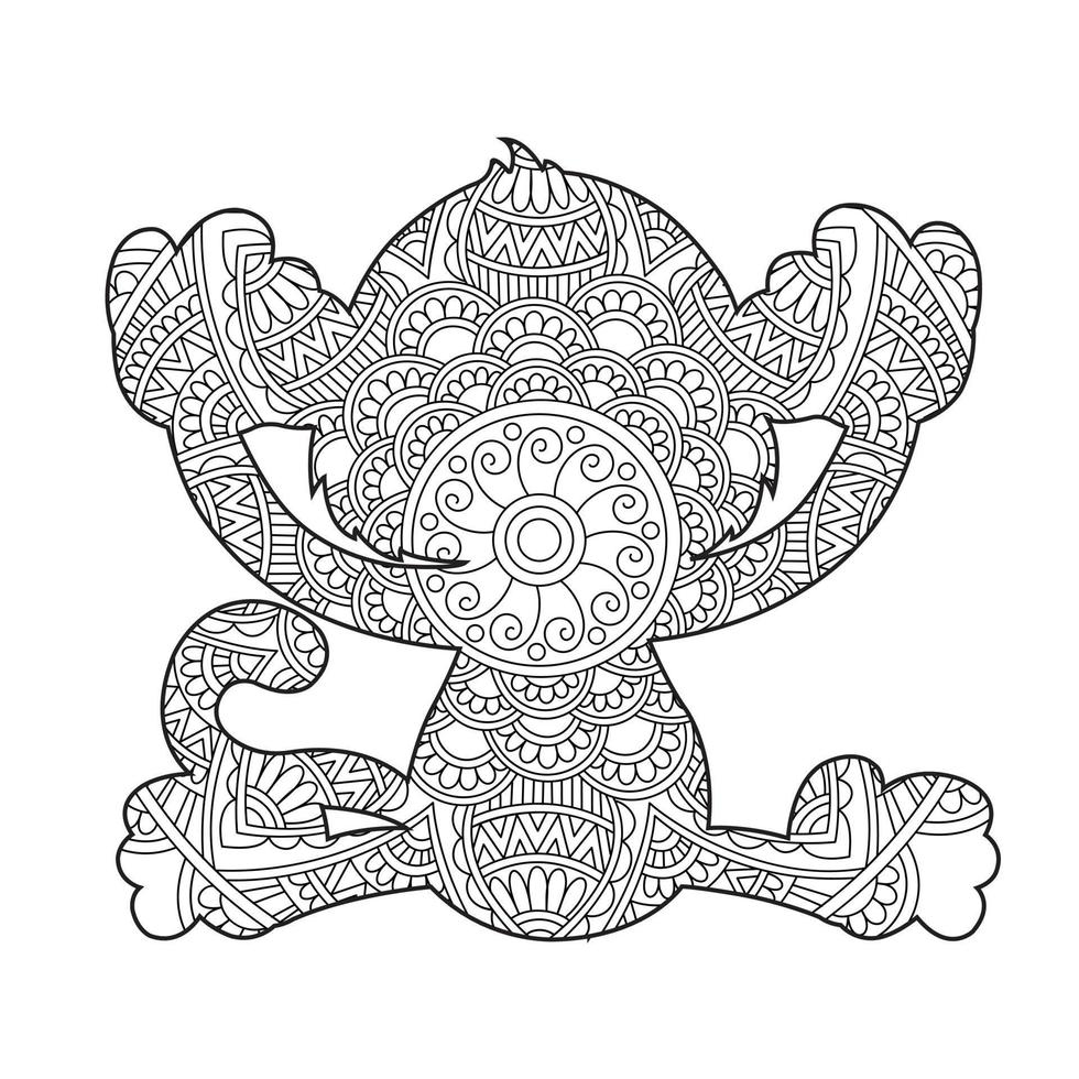 Monkey Mandala Coloring Page for Adults Floral Animal Coloring Book Isolated on White Background Antistress Coloring Page Vector Illustration