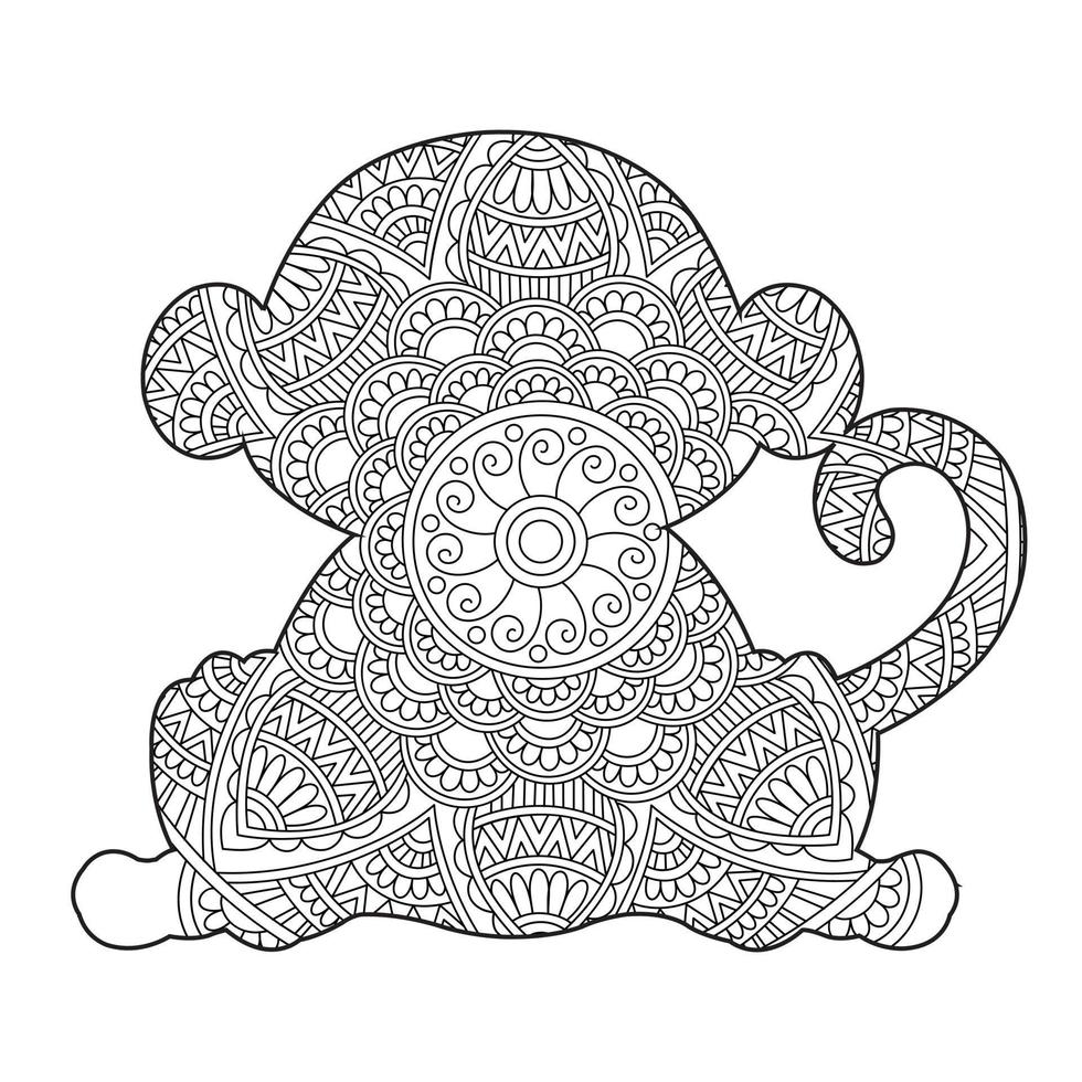 Monkey Mandala Coloring Page for Adults Floral Animal Coloring Book Isolated on White Background Antistress Coloring Page Vector Illustration