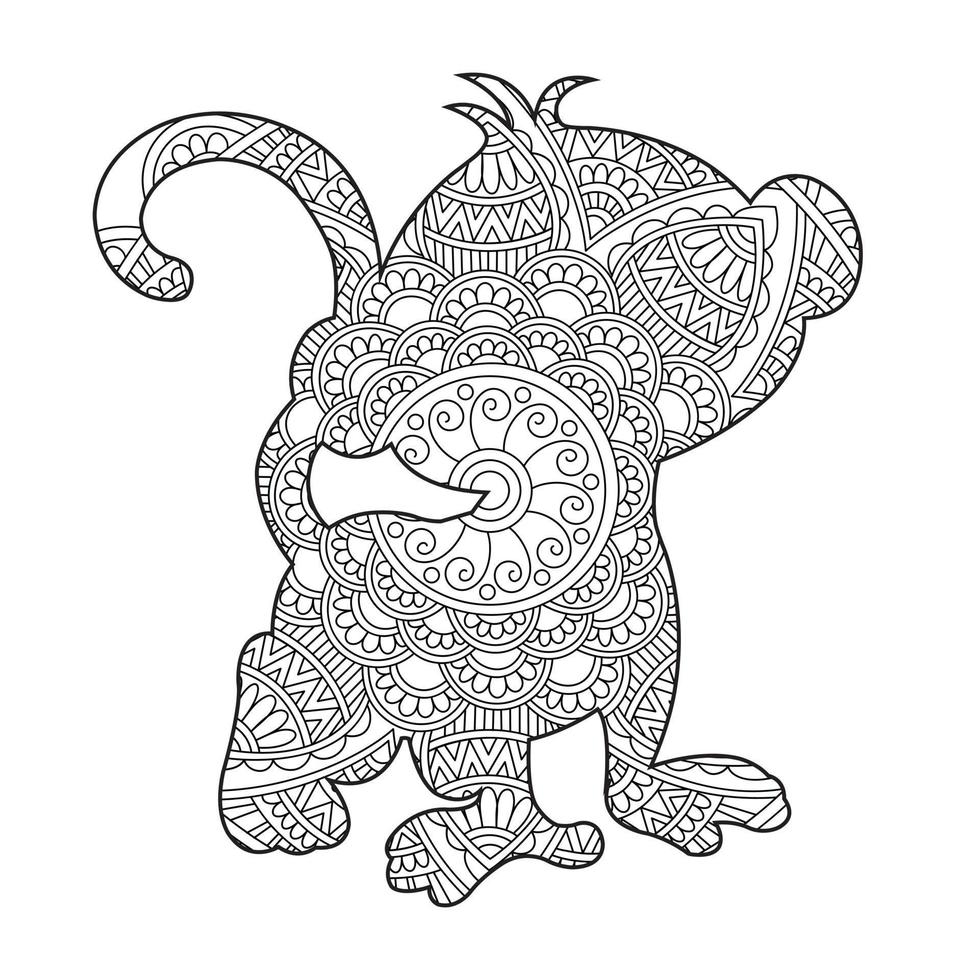 Monkey Mandala Coloring Page for Adults Floral Animal Coloring Book Isolated on White Background Antistress Coloring Page Vector Illustration