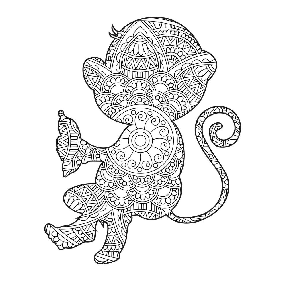 Monkey Mandala Coloring Page for Adults Floral Animal Coloring Book Isolated on White Background Antistress Coloring Page Vector Illustration