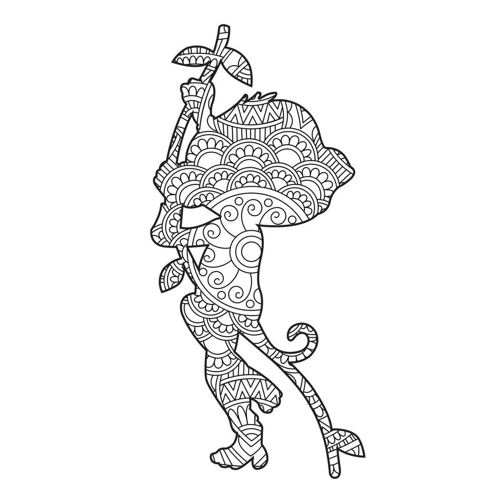 Monkey Mandala Coloring Page for Adults Floral Animal Coloring Book Isolated on White Background Antistress Coloring Page Vector Illustration