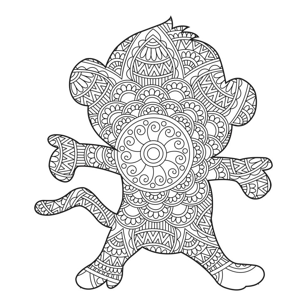 Monkey Mandala Coloring Page for Adults Floral Animal Coloring Book Isolated on White Background Antistress Coloring Page Vector Illustration