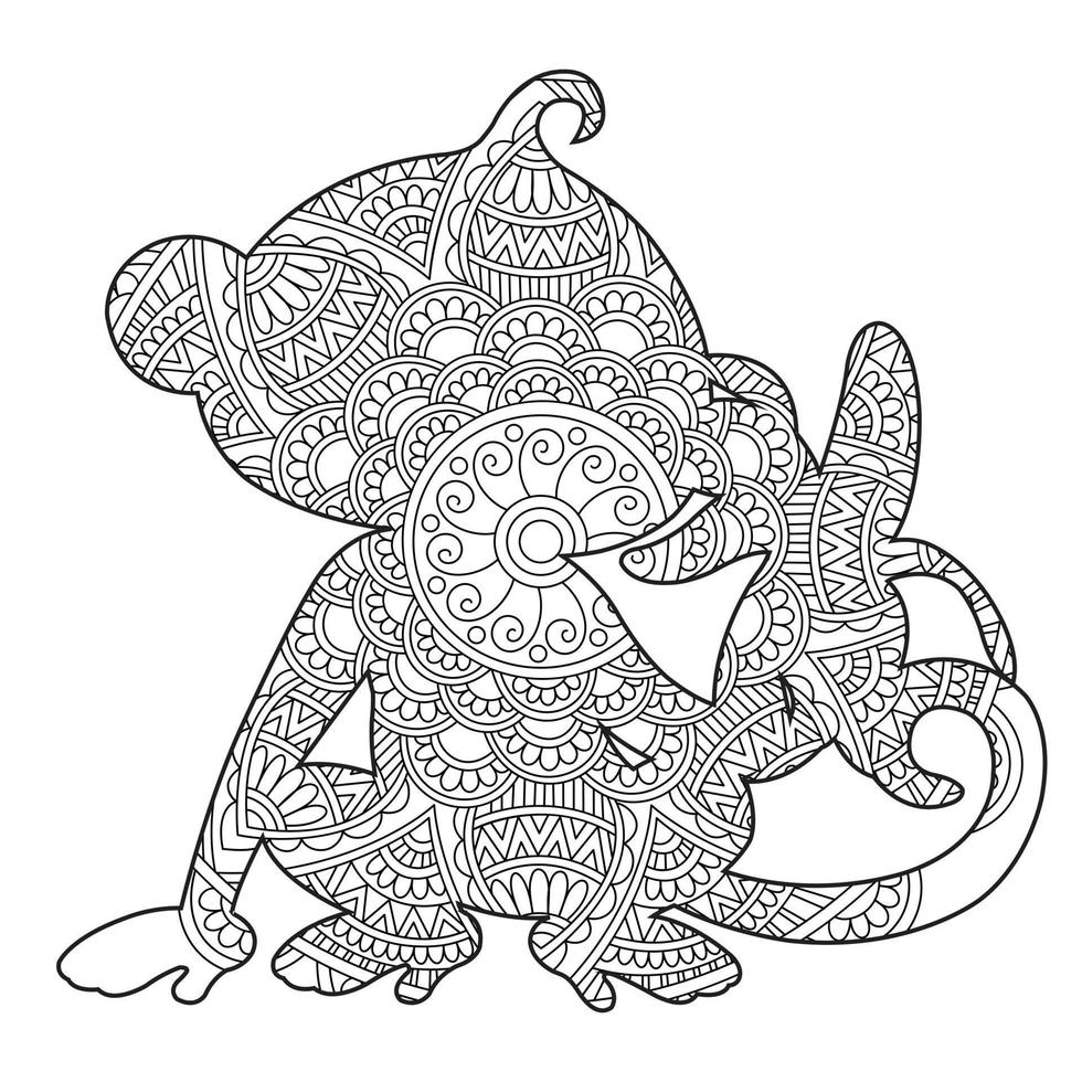 Monkey Mandala Coloring Page for Adults Floral Animal Coloring Book Isolated on White Background Antistress Coloring Page Vector Illustration