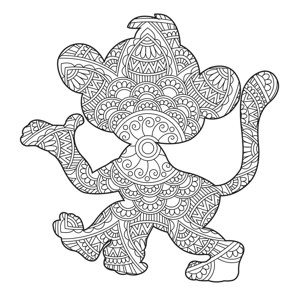 Monkey Mandala Coloring Page for Adults Floral Animal Coloring Book Isolated on White Background Antistress Coloring Page Vector Illustration