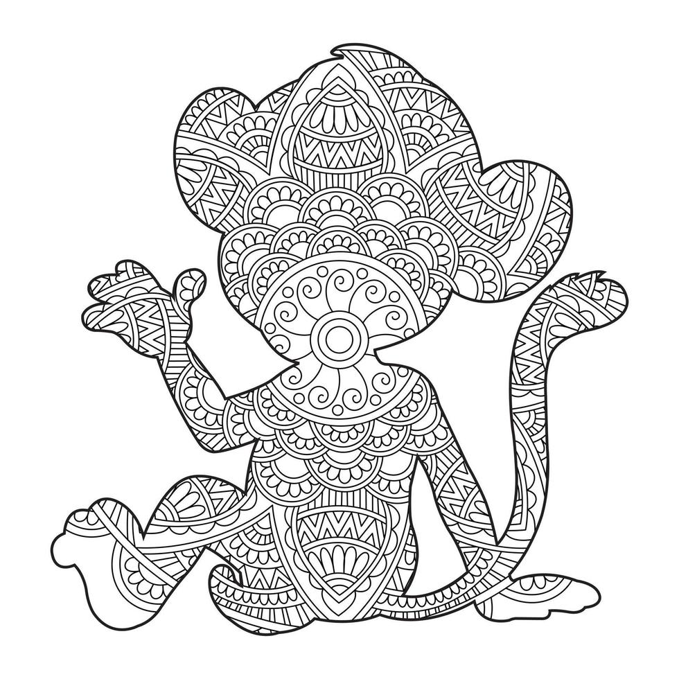 Monkey Mandala Coloring Page for Adults Floral Animal Coloring Book Isolated on White Background Antistress Coloring Page Vector Illustration