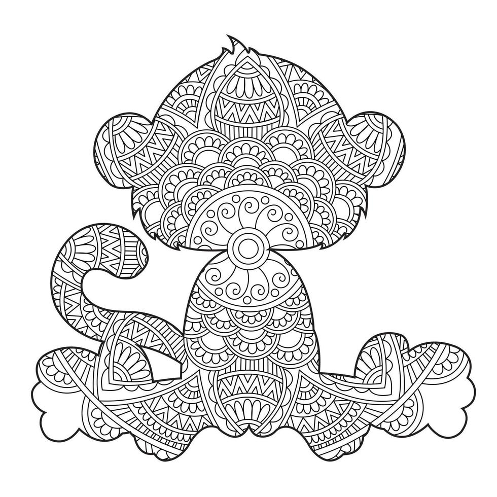 Monkey Mandala Coloring Page for Adults Floral Animal Coloring Book Isolated on White Background Antistress Coloring Page Vector Illustration