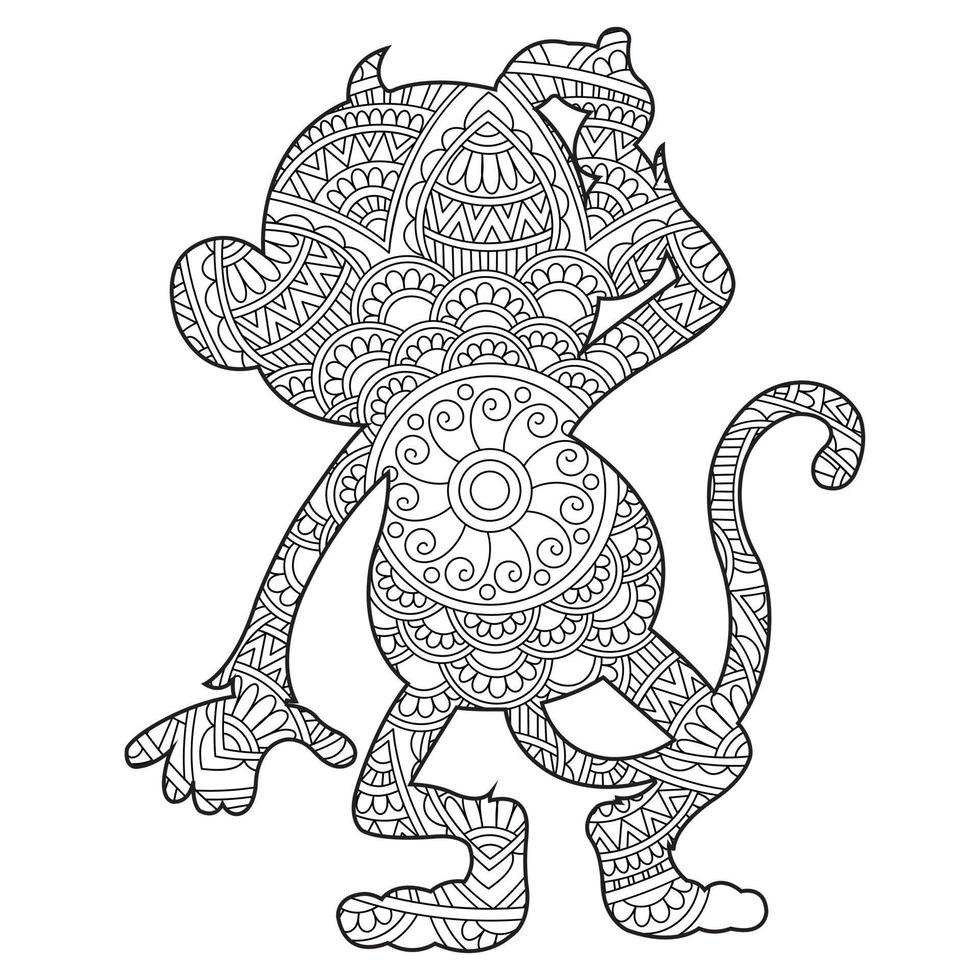Monkey Mandala Coloring Page for Adults Floral Animal Coloring Book Isolated on White Background Antistress Coloring Page Vector Illustration