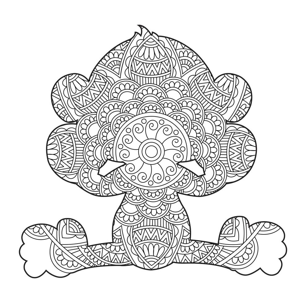 Monkey Mandala Coloring Page for Adults Floral Animal Coloring Book Isolated on White Background Antistress Coloring Page Vector Illustration