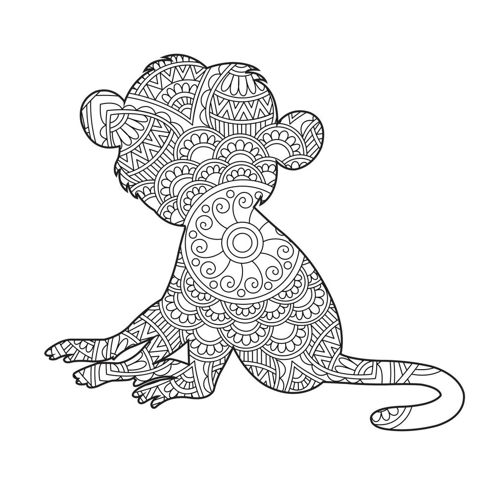 Monkey Mandala Coloring Page for Adults Floral Animal Coloring Book Isolated on White Background Antistress Coloring Page Vector Illustration