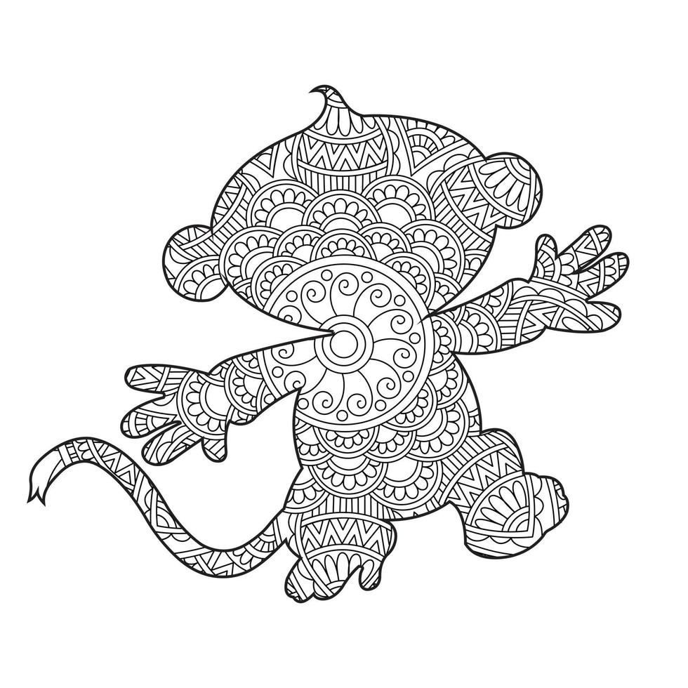 Monkey Mandala Coloring Page for Adults Floral Animal Coloring Book Isolated on White Background Antistress Coloring Page Vector Illustration