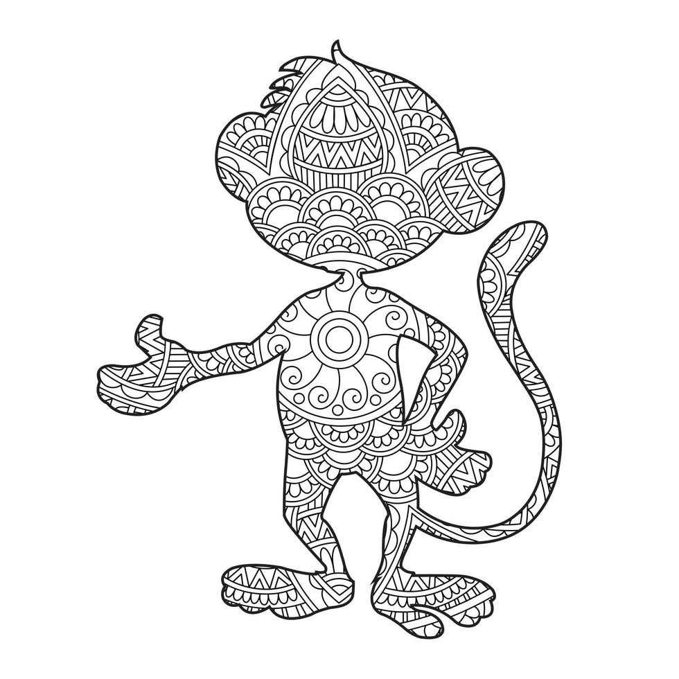 Monkey Mandala Coloring Page for Adults Floral Animal Coloring Book Isolated on White Background Antistress Coloring Page Vector Illustration