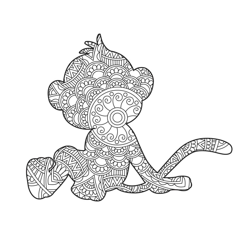 Monkey Mandala Coloring Page for Adults Floral Animal Coloring Book Isolated on White Background Antistress Coloring Page Vector Illustration